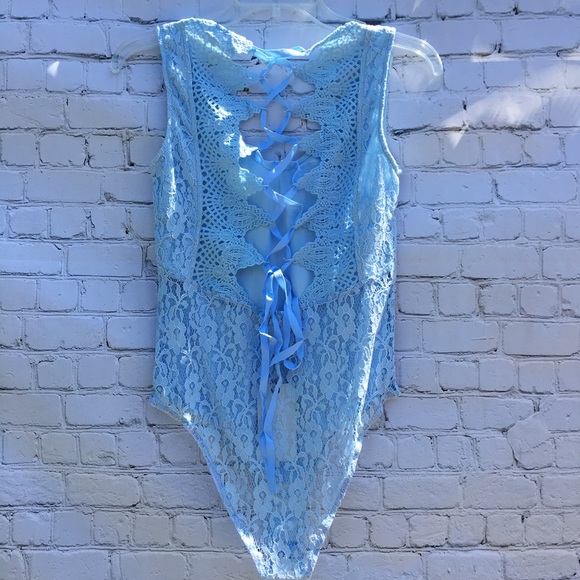SENSEMILL Blue Floral Lace Ribbon Bodysuit NWT - Picture 5 of 7